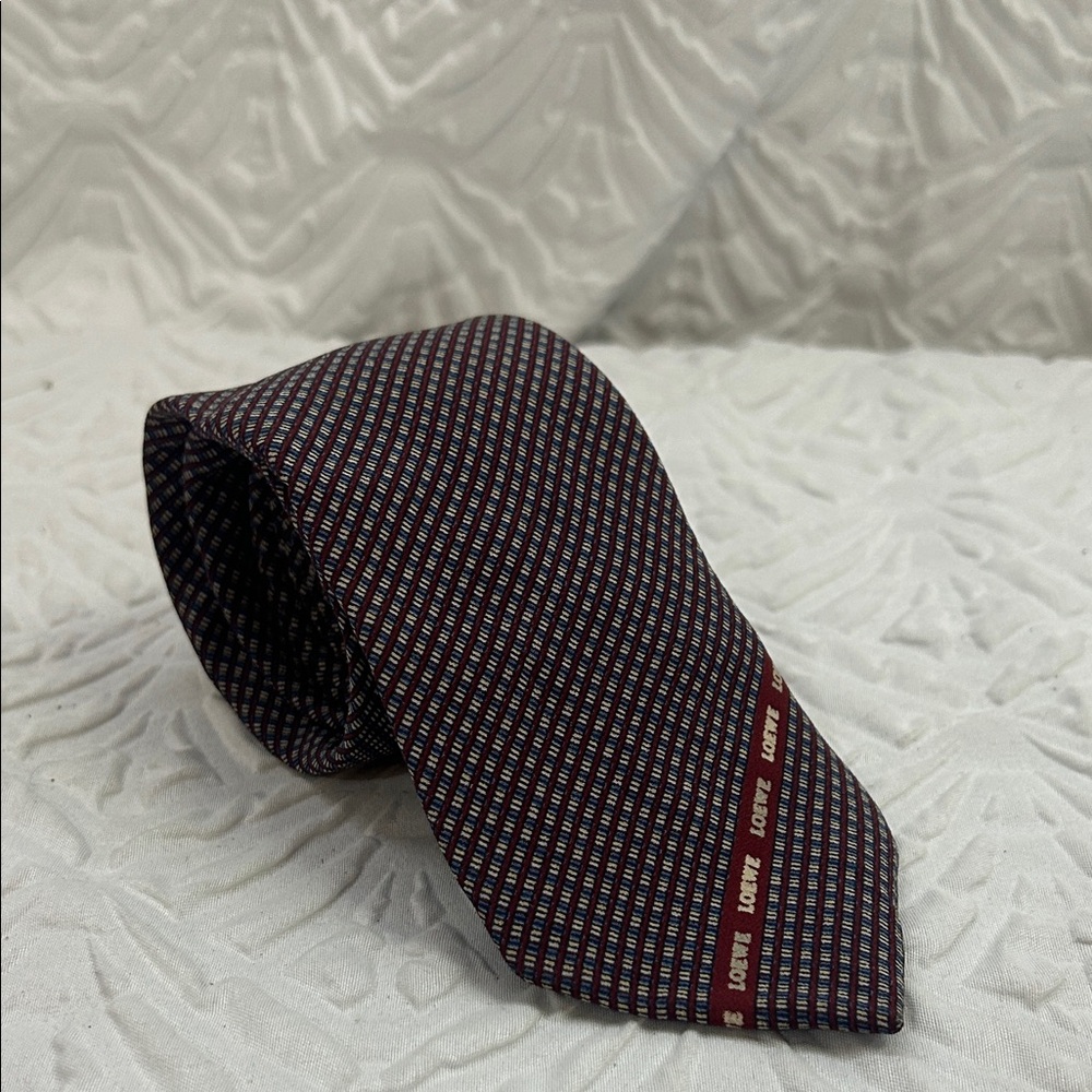 LOEWE Silk Designer Tie Burgundy Micro Pattern Logo Stripe